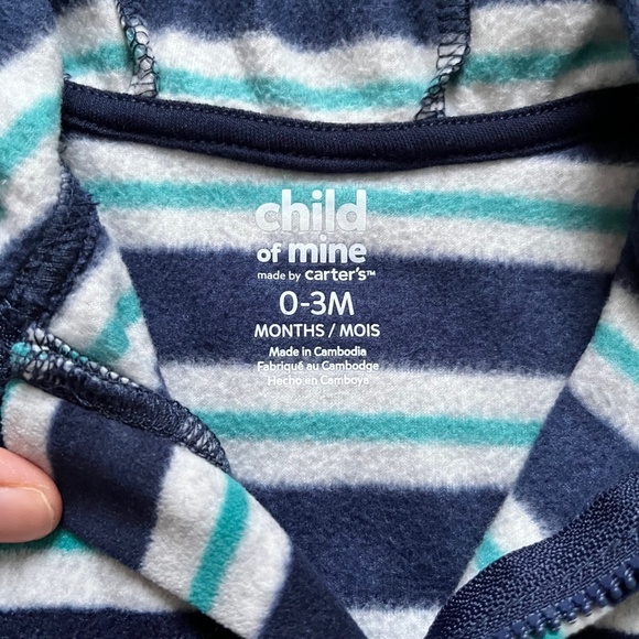 Carter's Child of Mine Blue Striped Hooded Fleece Jumpsuit, Size 3 Months - Picture 4 of 4